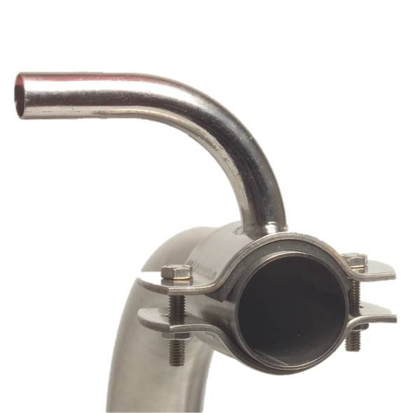 Edelstahl-Milchanschluss mit Rohrschelle, 90° Stutzen, senkrecht von